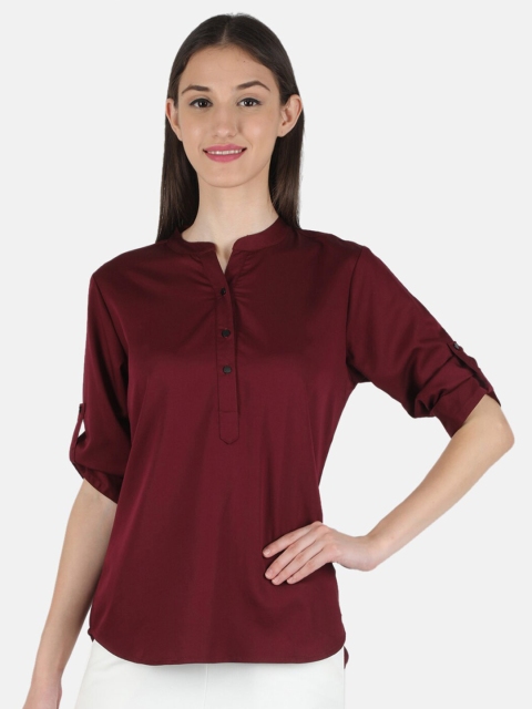 

Monte Carlo Maroon Mandarin Collar Roll-Up Sleeves Shirt Style Top