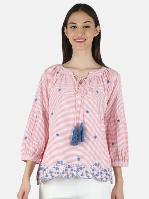 

Monte Carlo Pink & Blue Floral Printed Tie-Up Neck Top