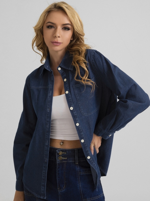 

URBANIC Women Blue Geometric Longline Tailored Jacket