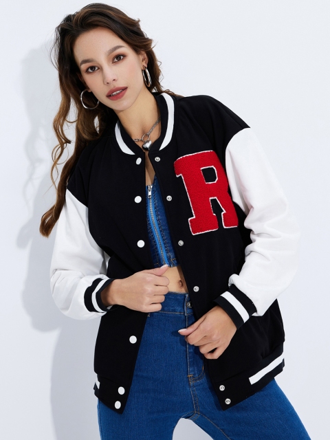 

URBANIC Women Black Bomber with Embroidered Jacket