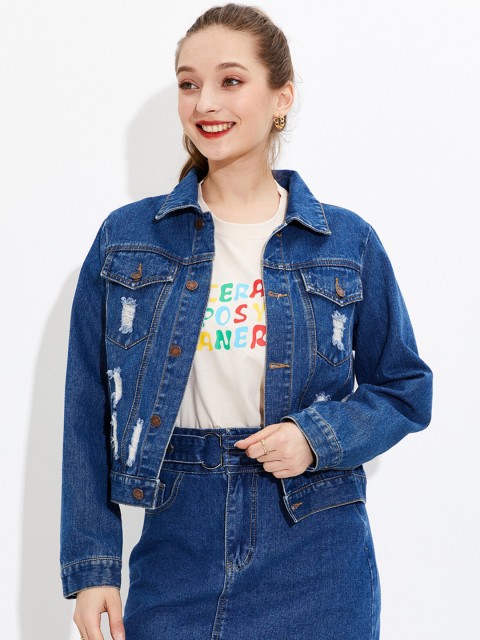 

URBANIC Women Blue Washed Ripped Denim Jacket