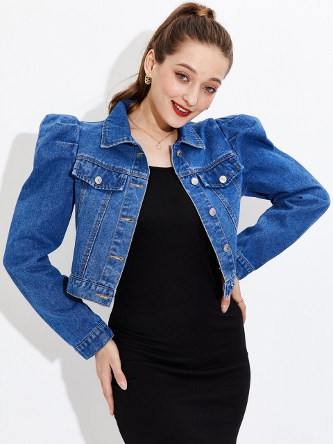 

URBANIC Women Blue Washed Crop Denim Jacket with Patchwork