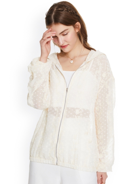 

URBANIC Women Beige Longline Sheer Bomber Jacket