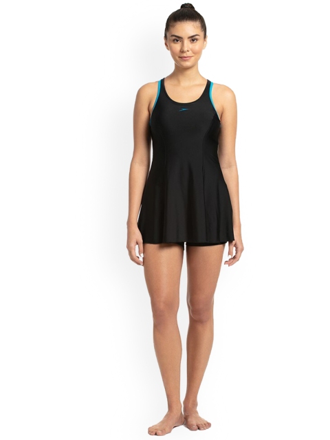 

Speedo Women Black Solid Dress With Attached Shorts Swimwear