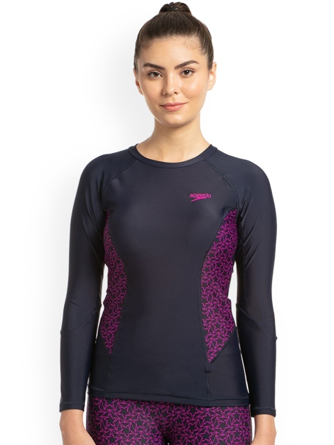 

Speedo Women Navy Blue & Pink Printed Boomstar Swim Top