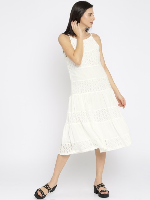 

AND Women White Self-Design A-Line Dress