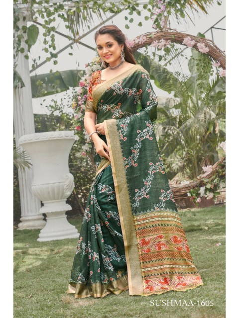 

KALINI Green & Orange Ethnic Motifs Linen Blend Saree