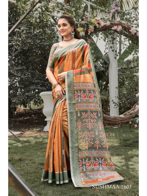 

KALINI Orange & Green Ethnic Motifs Linen Blend Saree