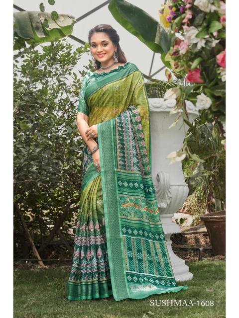 

KALINI Green & Pink Ethnic Motifs Linen Blend Saree
