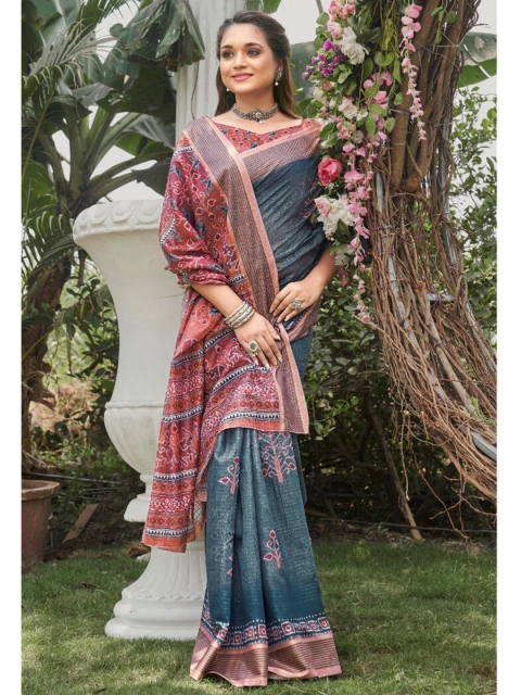 

KALINI Teal & Pink Ethnic Motifs Linen Blend Saree