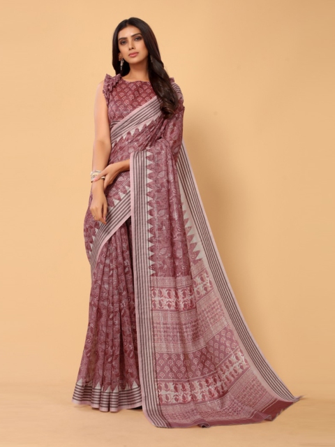 

KALINI Brown Floral Linen Blend Saree