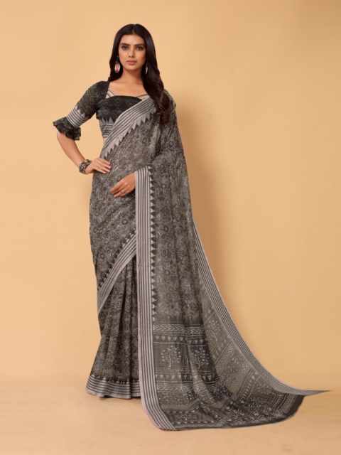 

KALINI Grey Floral Linen Blend Saree