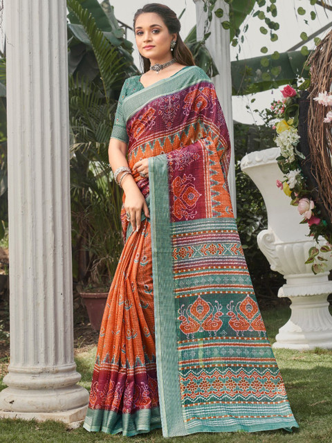

KALINI Orange & Green Ethnic Motifs Linen Blend Saree