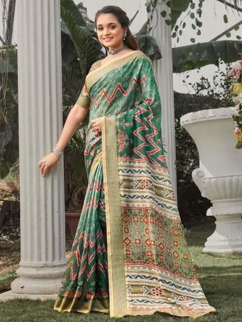 

KALINI Green & White Ethnic Motifs Linen Blend Saree