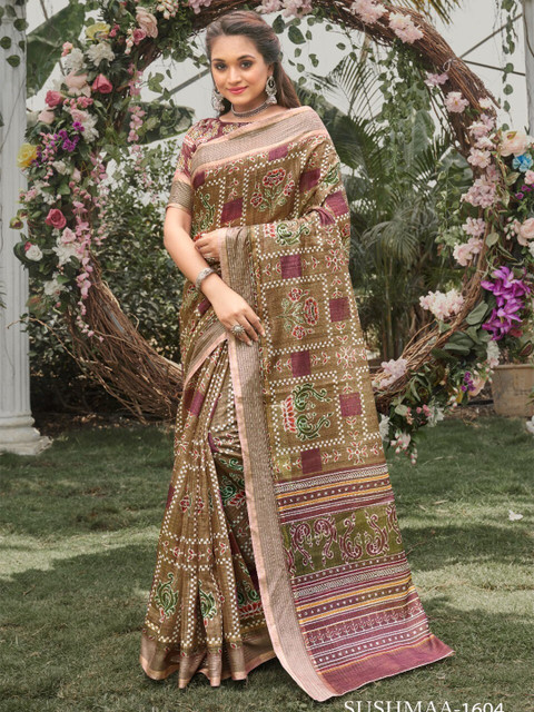 

KALINI Camel Brown & Pink Ethnic Motifs Linen Blend Saree