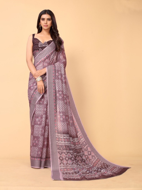 

KALINI Brown & Red Floral Linen Blend Saree