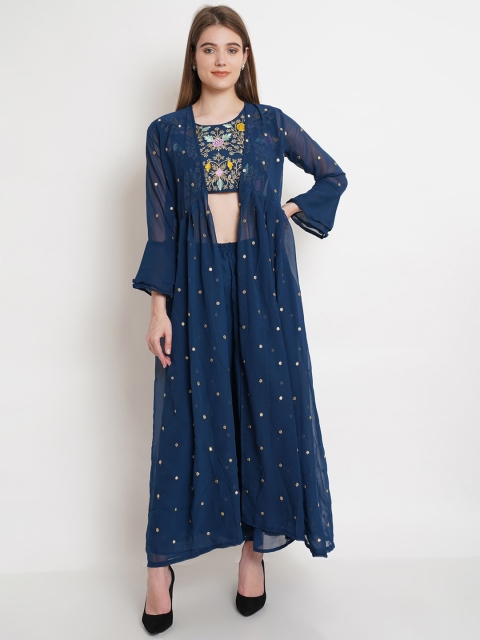 

Purple State Women Teal Printed Pleated Kurti & Palazzos With Shrug