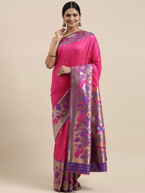 

Pandadi Saree Pink & Blue Floral Zari Silk Blend Paithani Sarees
