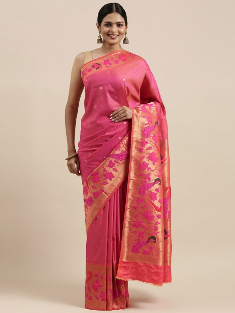 

Pandadi Saree Peach-Coloured & Green Woven Design Silk Blend Paithani Sarees