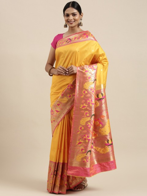 

Pandadi Saree Yellow & Gold-Toned Woven Design Zari Silk Blend Paithani Sarees