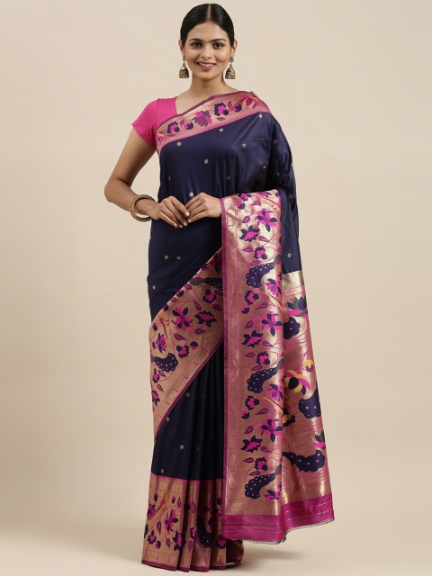 

Pandadi Saree Navy Blue & Pink Ethnic Motifs Zari Silk Blend Paithani Sarees