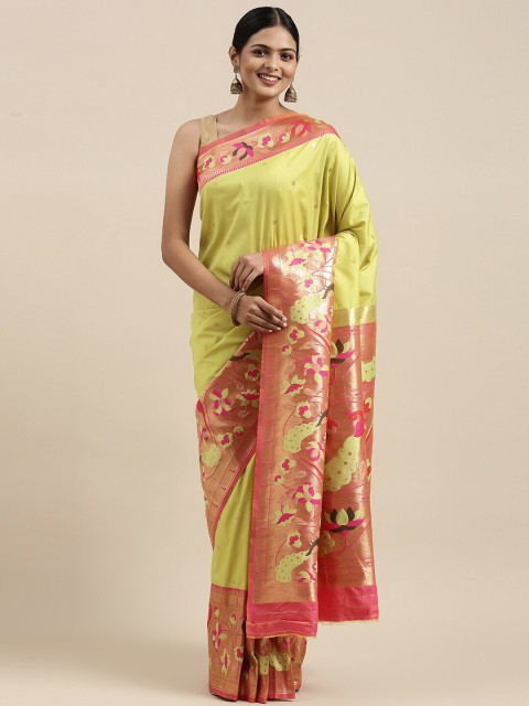 

Pandadi Saree Green & Gold-Toned Woven Design Zari Silk Blend Paithani Sarees