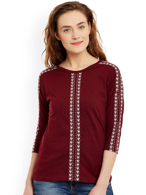 

Hypernation Maroon Slim Fit Embroidered T-shirt