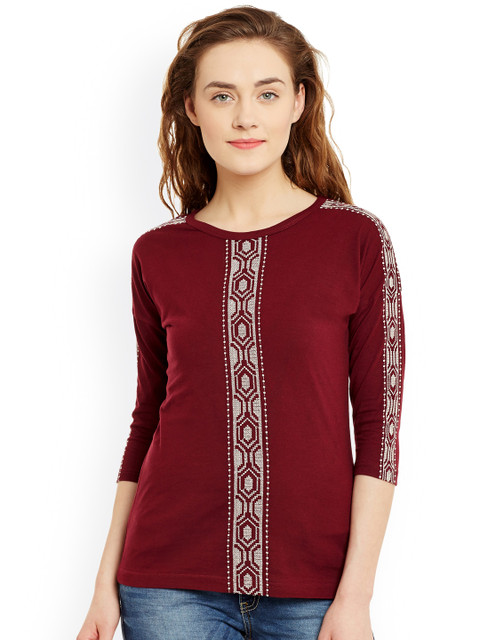 

Hypernation Maroon Slim Fit Embroidered T-shirt