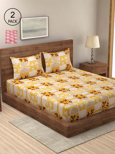 

Dhrohar Pack Of 2 Yellow & Brown Floral 140 TC 2 King Bedsheet with 4 Pillow Covers