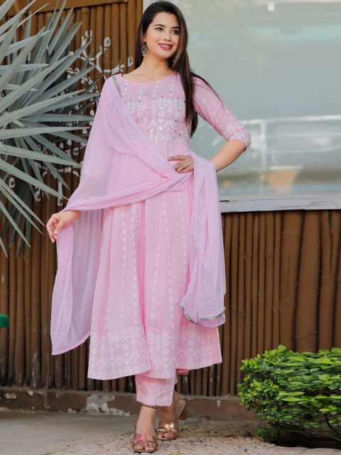 

SINGNI Women Pink Ethnic Motifs Embroidered Kurta with Palazzos & With Dupatta