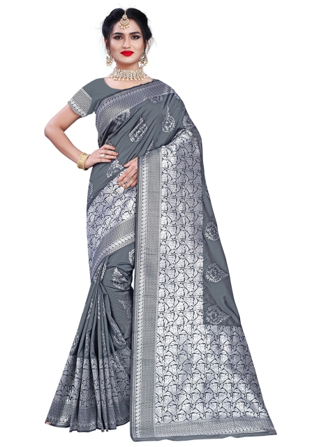 

Rivana Grey & Silver-Toned Paisley Zari Pure Silk Banarasi Saree