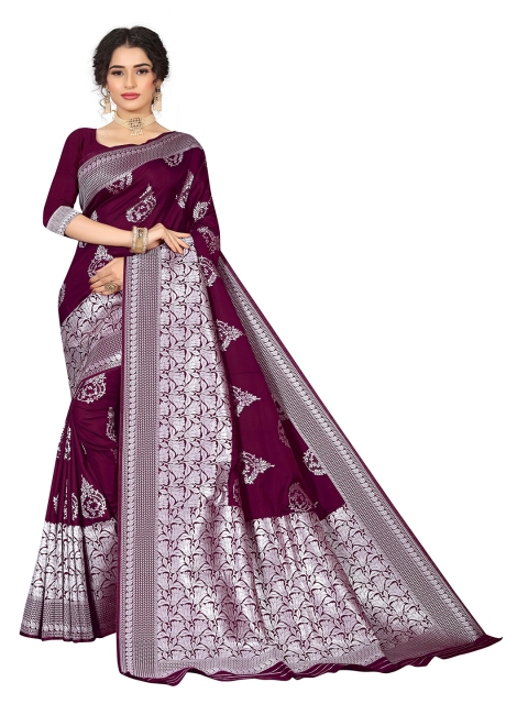 

Rivana Purple & Silver-Toned Paisley Zari Pure Silk Banarasi Saree