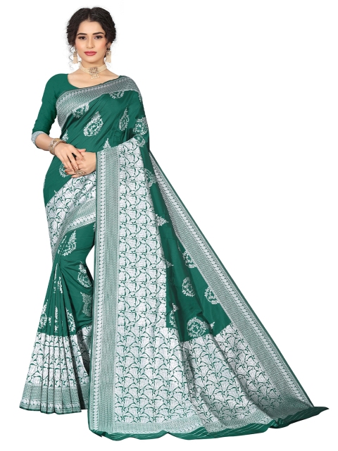 

Rivana Green & Silver-Toned Woven Design Zari Pure Silk Banarasi Saree