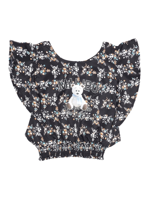 

Albion Girls Black & White Floral Printed Round Neck Blouson Top
