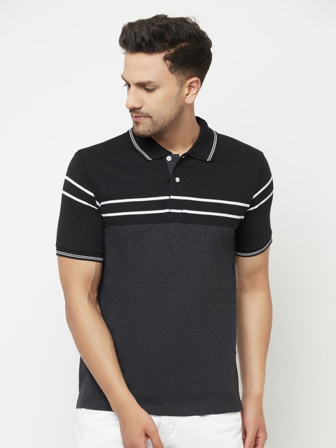 

ELEGANCE Men Black & Charcoal Color Blocked Striped Polo Collar T-shirt
