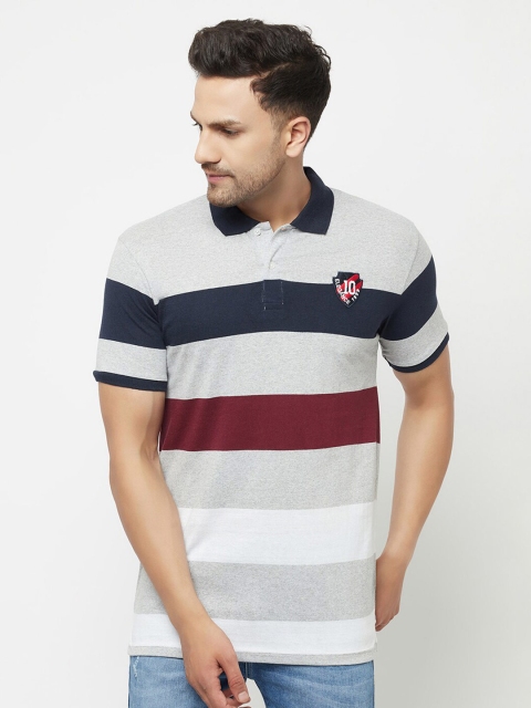 

ELEGANCE Men Multicoloured & illusion blue Striped Polo Collar Applique T-shirt, Multi