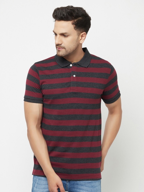 

ELEGANCE Men Black & Maroon Striped Polo Collar T-shirt