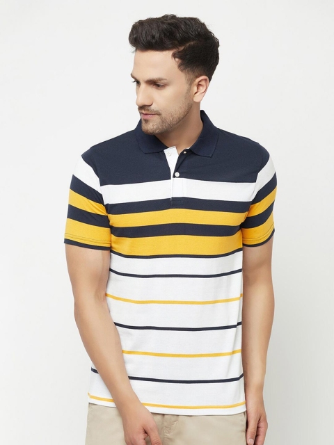 

ELEGANCE Men White & Navy Blue Striped Polo Collar T-shirt