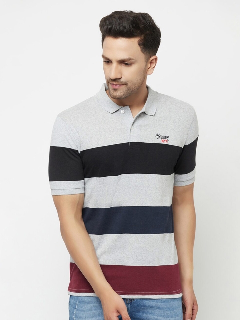

ELEGANCE Men Multicoloured Striped Polo Collar Applique T-shirt, Multi