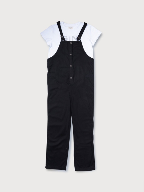 

Gini and Jony Girls Black & White Solid Cotton Dungaree