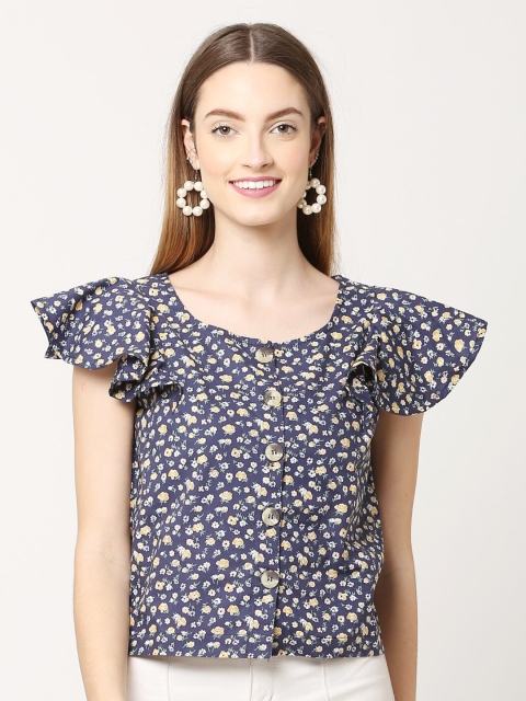 

GalaxyTrendz Women Blue Floral Printed Cotton Frill Top
