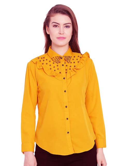 

GalaxyTrendz Women Mustard Yellow Embellished Shirt Style Top