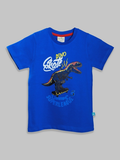 JusCubs Boys Blue & persian blue Printed Mandarin Collar Applique T-shirt