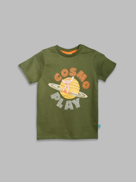 

JusCubs Boys Olive Green & pesto Printed Applique T-shirt