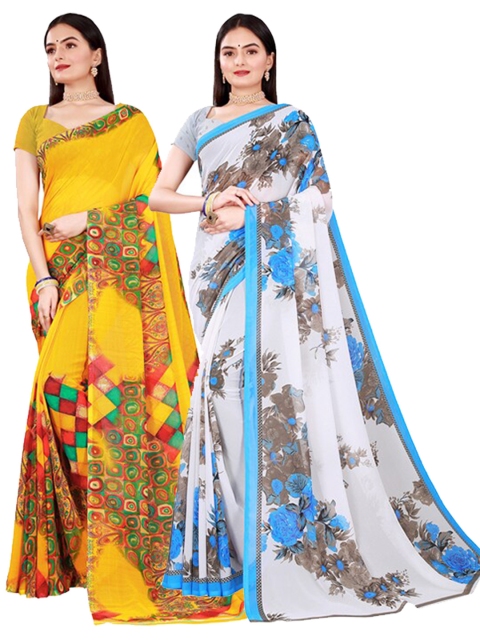 

SAADHVI Pack Of 2 Yellow & White Floral Pure Georgette Saree