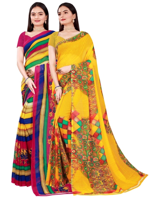 

SAADHVI Yellow & Green Pure Georgette Saree
