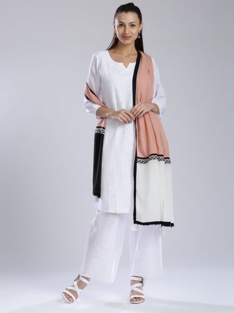 W Dusty Pink & White Colourblocked Dupatta