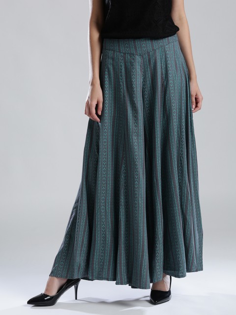 

W Women Turquoise Green & Grey Printed Palazzos