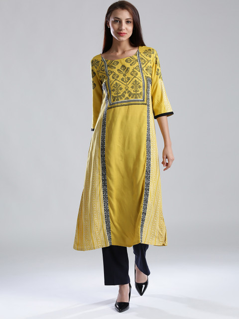 

W Women Mustard Yellow Printed A-Line Kurta