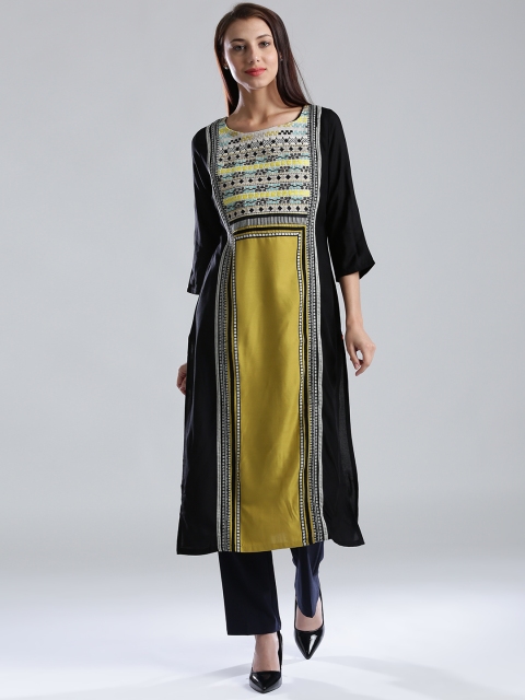 

W Women Black & Mustard Yellow Embroidered Straight Kurta